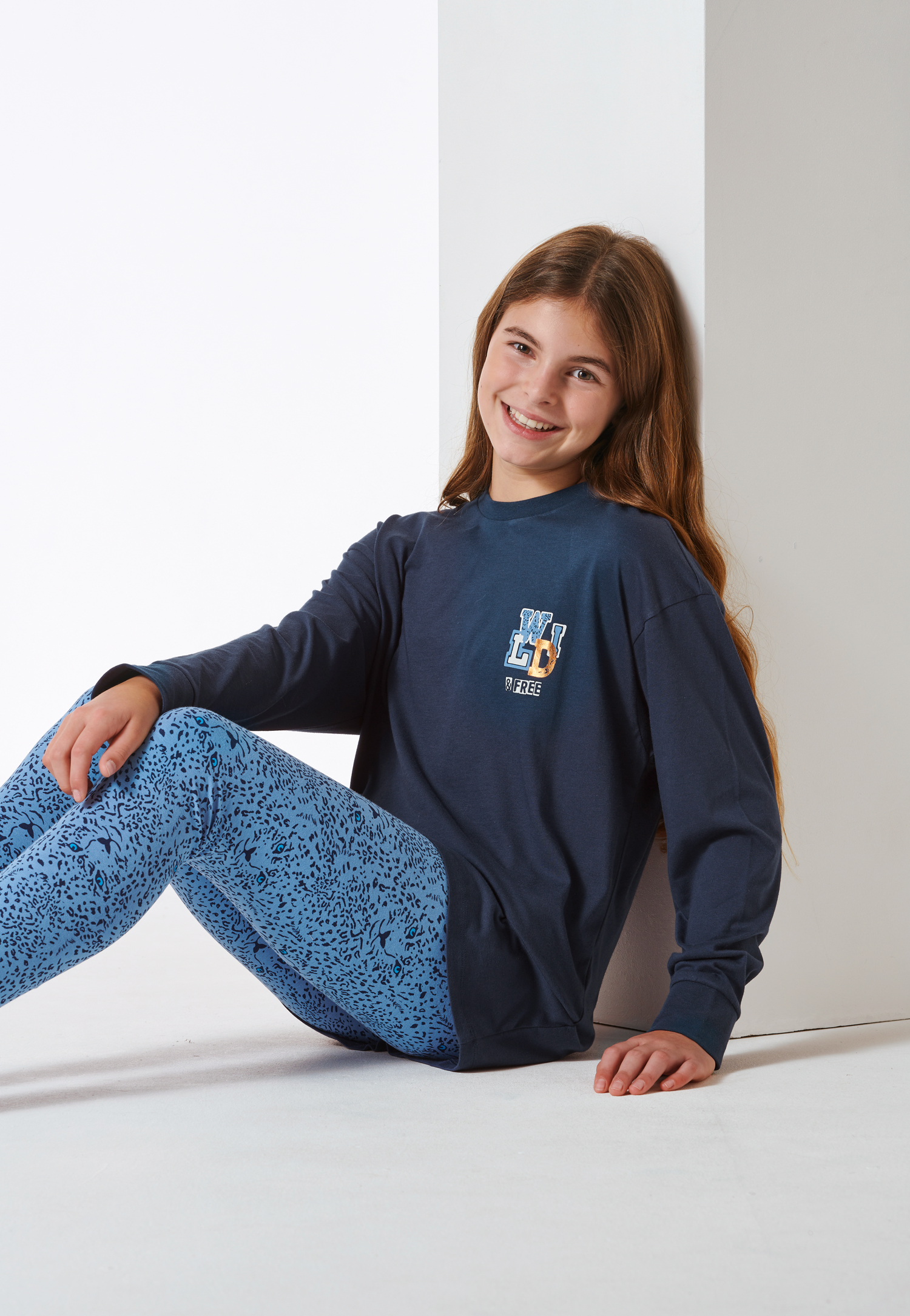 Schiesser Pyjama lang shirt met leggings luipaardprint blauw - Nightwear 