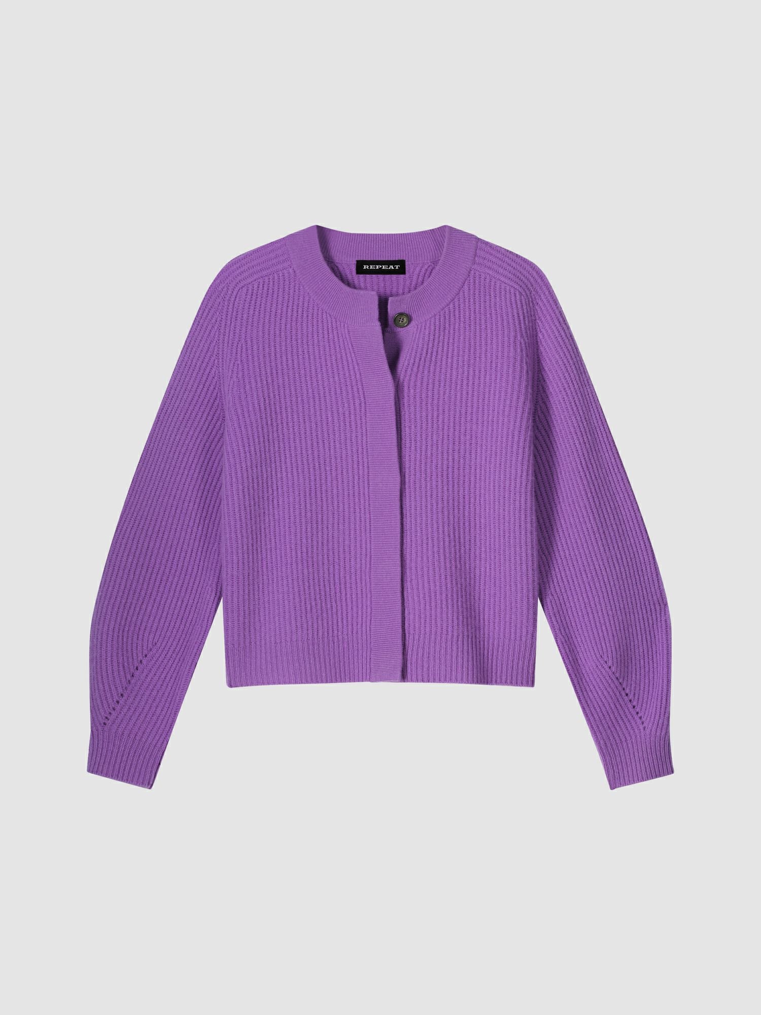 REPEAT cashmere Geribde cashmere cardigan met pofmouwen