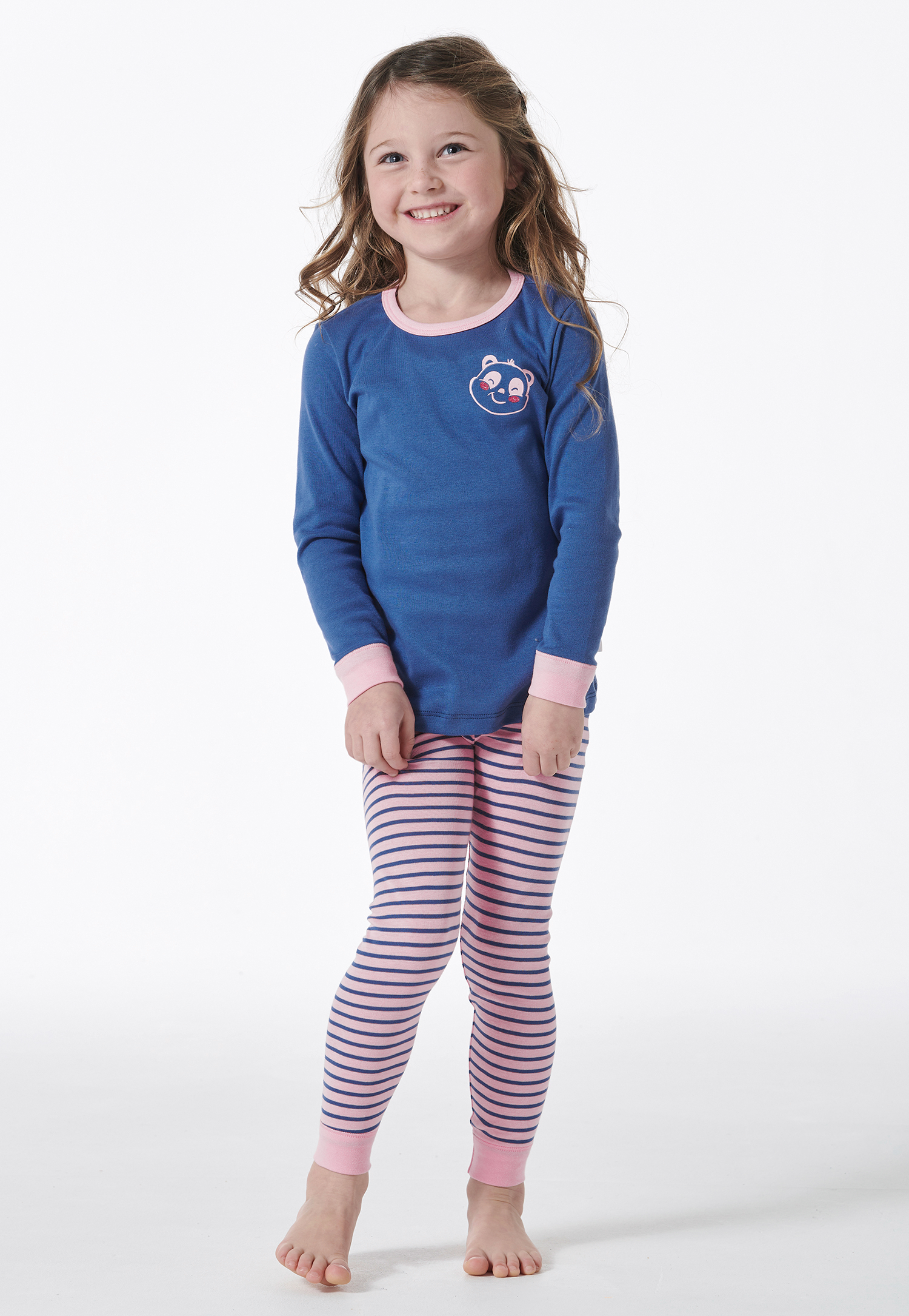 Schiesser Pyjama lengte fijnrib panda streepjes blauw - Girls World 