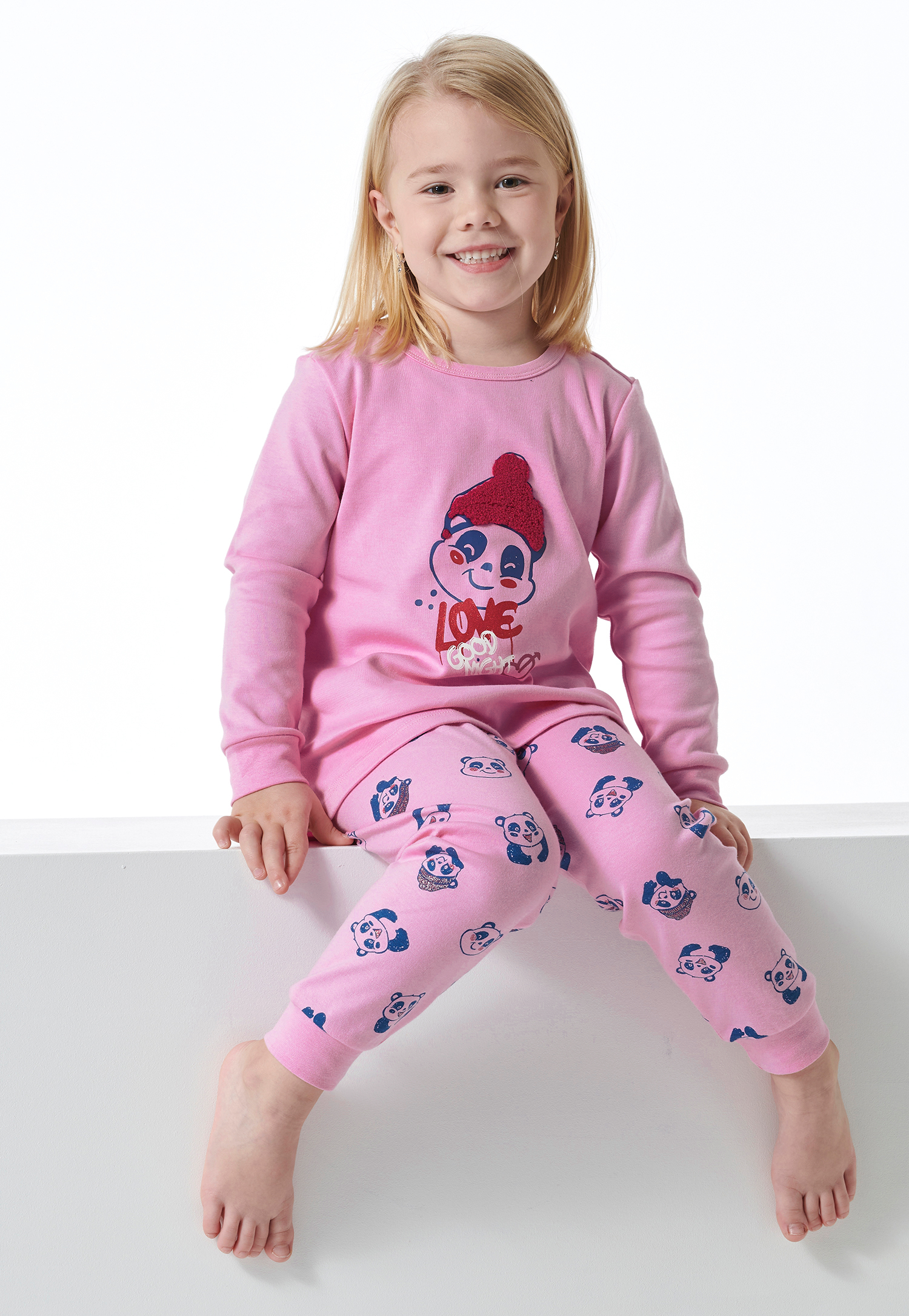 Schiesser Pyjama lang Organic Cotton manchetten panda rosé - Girls World 