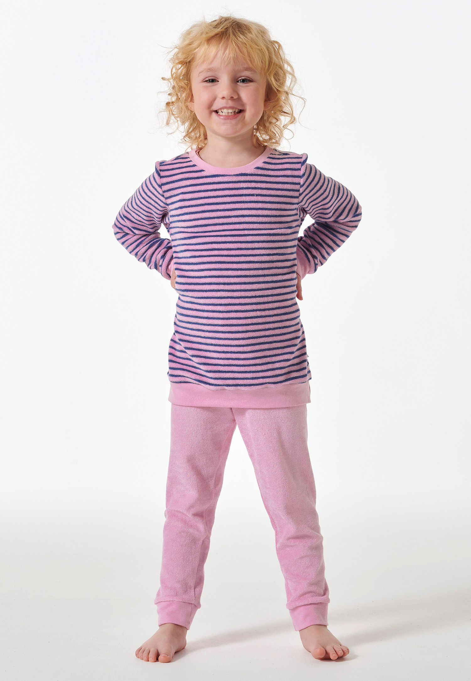 Schiesser Pyjama lange frottee manchetten streepjes rosé - Girls World 