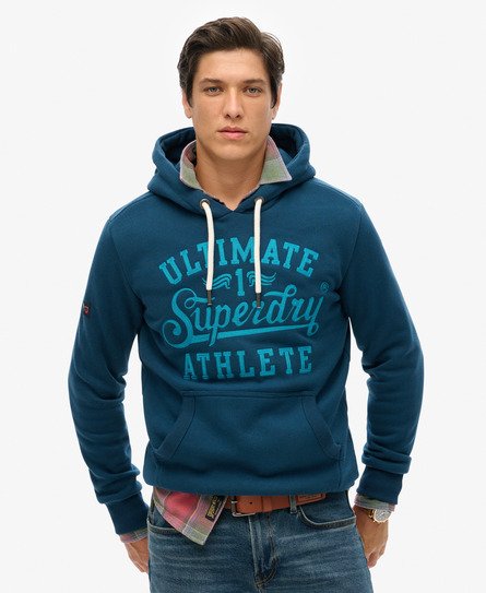 Superdry Mannen Athletic Hoodie met Geborduurde Tekst Blauw