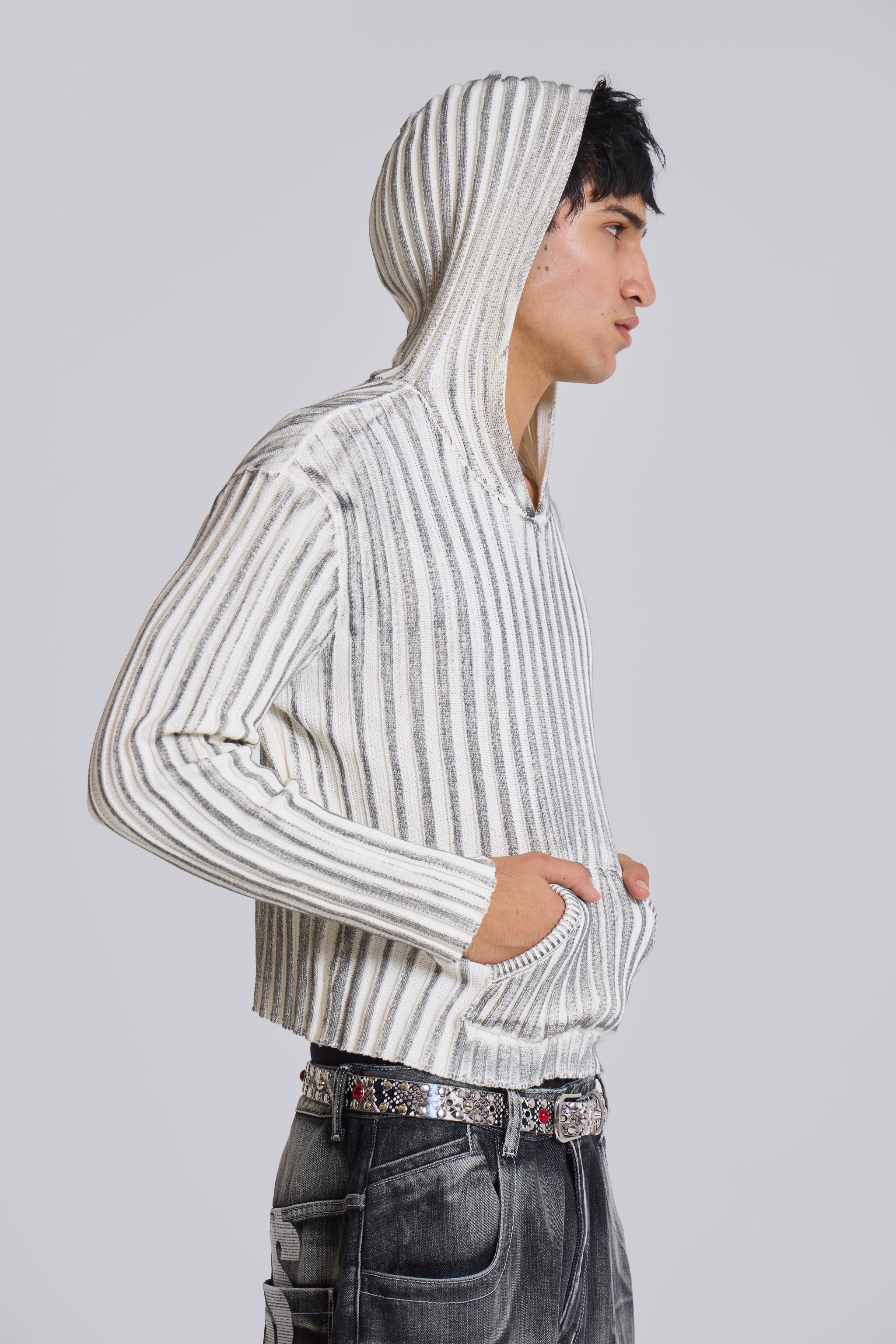 Jaded Man White Scrape Knit Hoodie