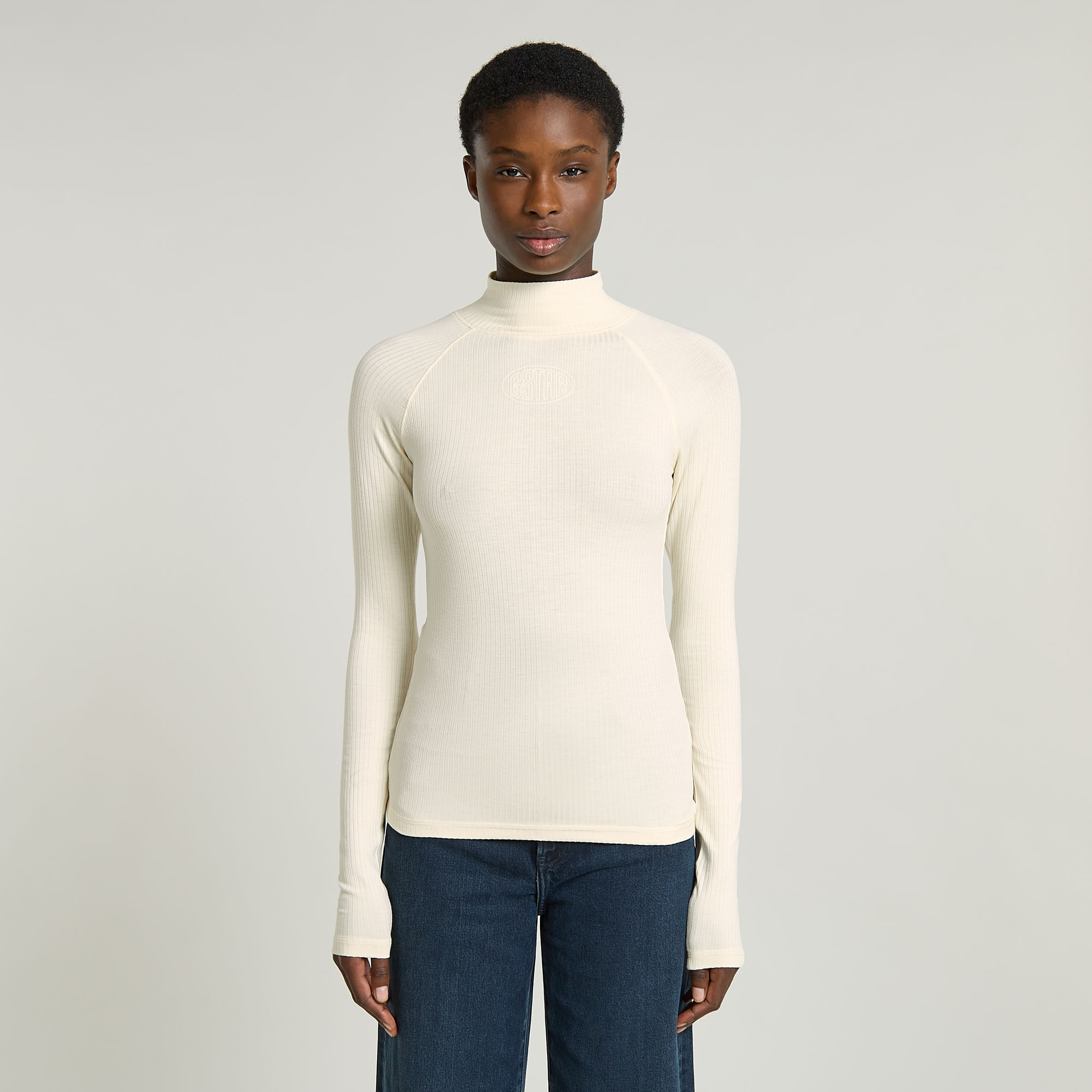 G-Star RAW Logo Slim Rib Mock Top - Beige - Dames