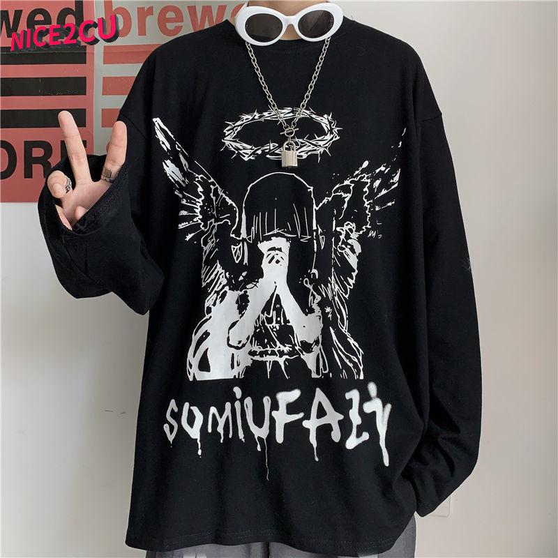 HOUZHOU Mannen T-shirts met lange mouwen Herfst Print Gothic Vintage Ulzzang Gezellige High Street Streetwear 5XL Baggy Koreaanse Trendy Harajuku BF Nieuw