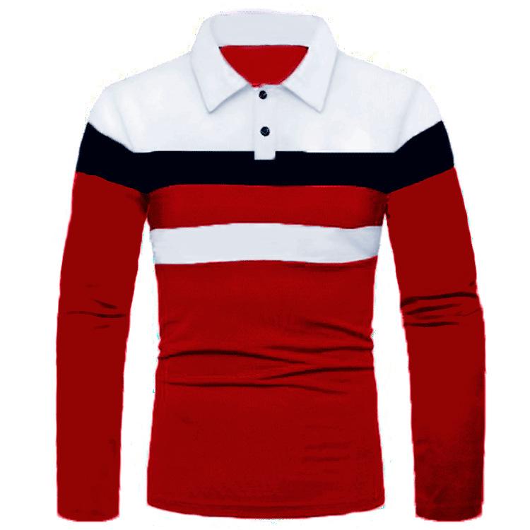 HerSight Heren Herfst Lange Mouw Drie Strepen Patchwork Polo Shirt Heren Revers Knoop Rood Zwart T-shirts