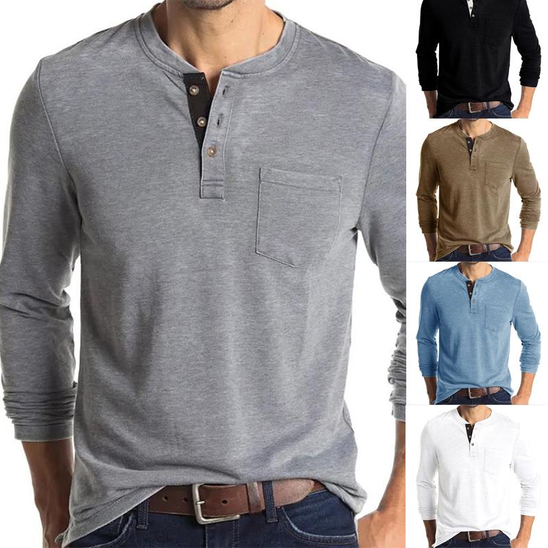 YE35MB Henley-shirt met lange mouwen voor heren, casual baggy button-pullover, effen T-shirt-tops