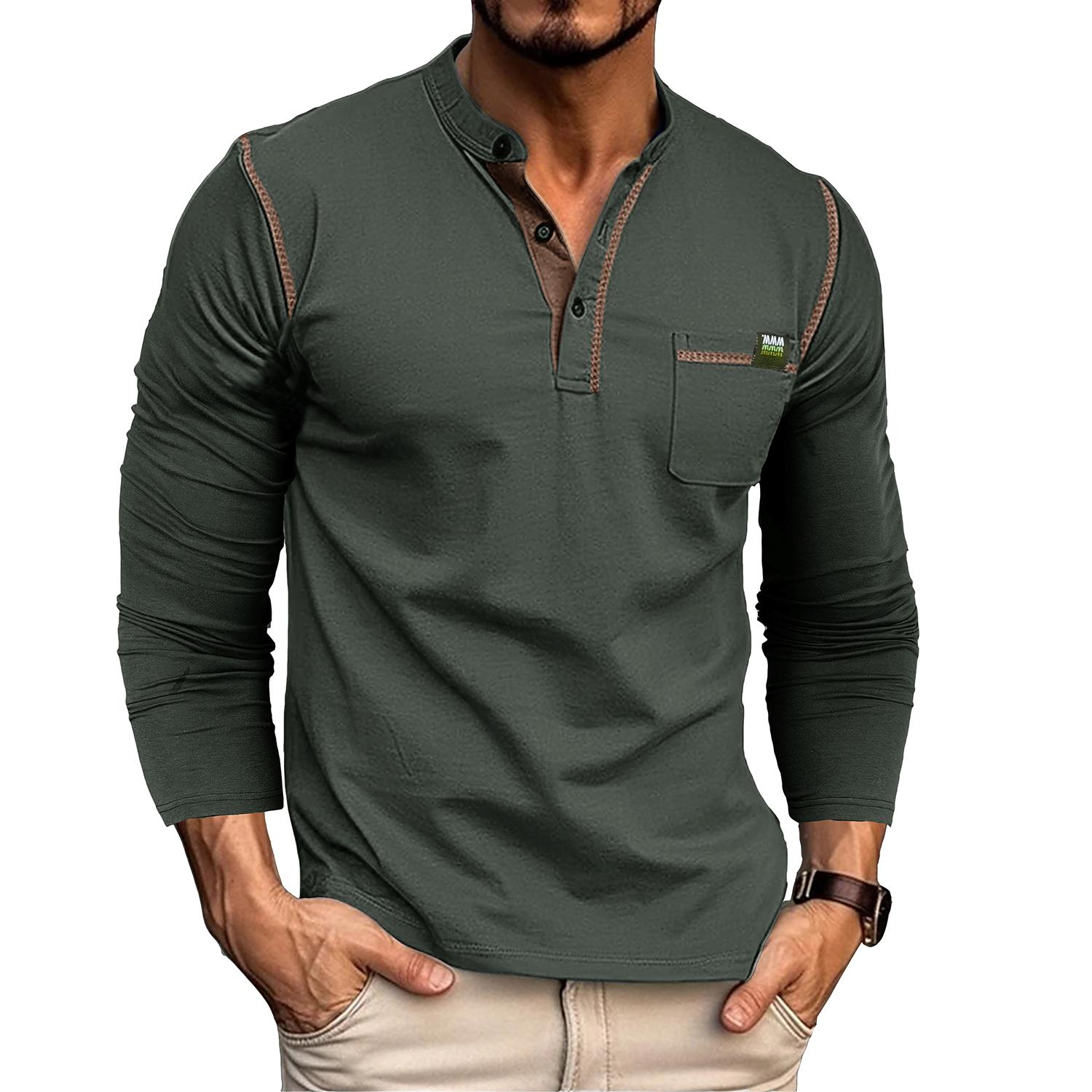 Top Suit Heren Lange mouwen Henley-overhemden Katoen Pullovers In bijpassende kleuren Gebreid T-shirt Knopen Ronde hals Borstzak Tops Stijlvol Dagelijks Informeel Herenkleding S wit