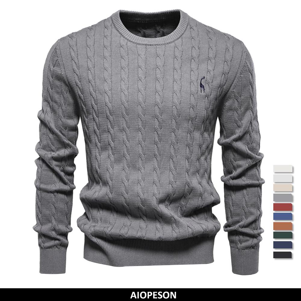 AIOPESON Heren Giraffe Borduurwerk Katoenen Truien Ronde Hals Klassieke Twist Patroon Pullover Gebreide Trui voor Heren