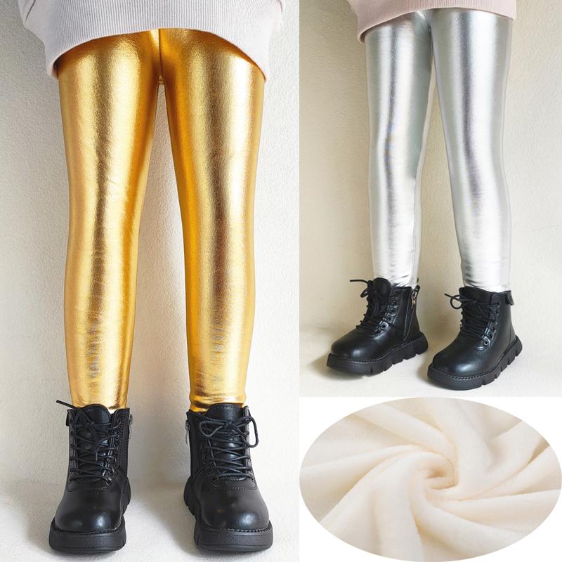 Daddys Girl Herfst Winter Dikker Warme Fleece Kinderen Meisjes Leggings Glanzend Goud Zilver Lange Kids Jongens Punk Broek