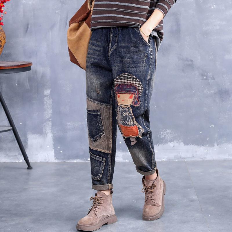 Fashion Girls Exclusive Vintage Stijl Hoge Taille Denim Broek Vrouwen Mode Borduren Losse Jeans Vrouwelijke 2022 Herfst Winter Plus Size Vrouw Harembroek