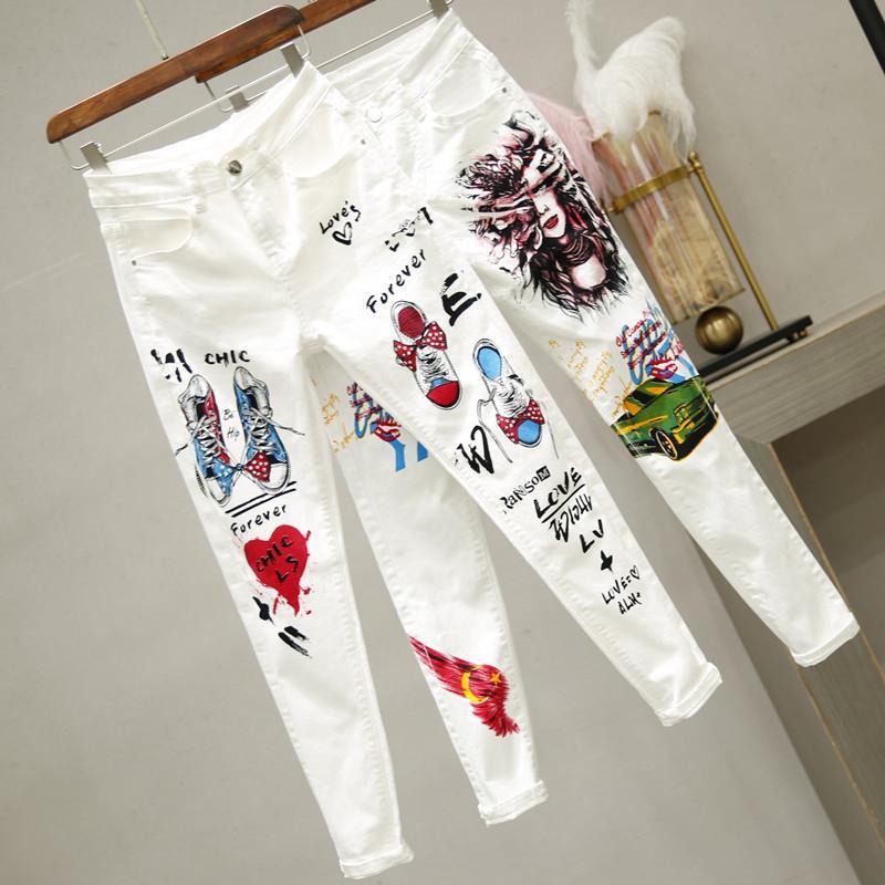 Smile Vrouwelijke Hip Hop Street Style Witte Jeans Lente Herfst en Zomer Strakke afdrukken Slanke Hoge Taille Denim Broek Casual Broek