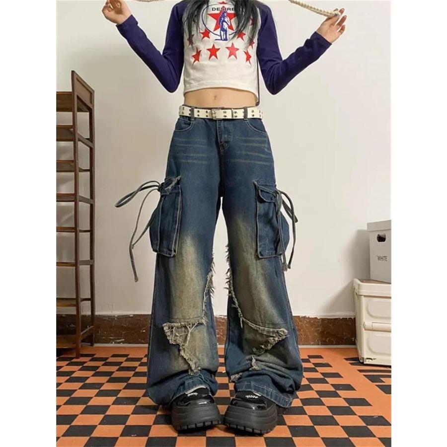 Rockulzzang Do Oude Cargo Broek Vrouwen 2024 Nieuwe Mode Vintage Losse Zakken Lace Up Hoge Taille Jeans Streetwear Zwarte Wijde pijpen Jeans