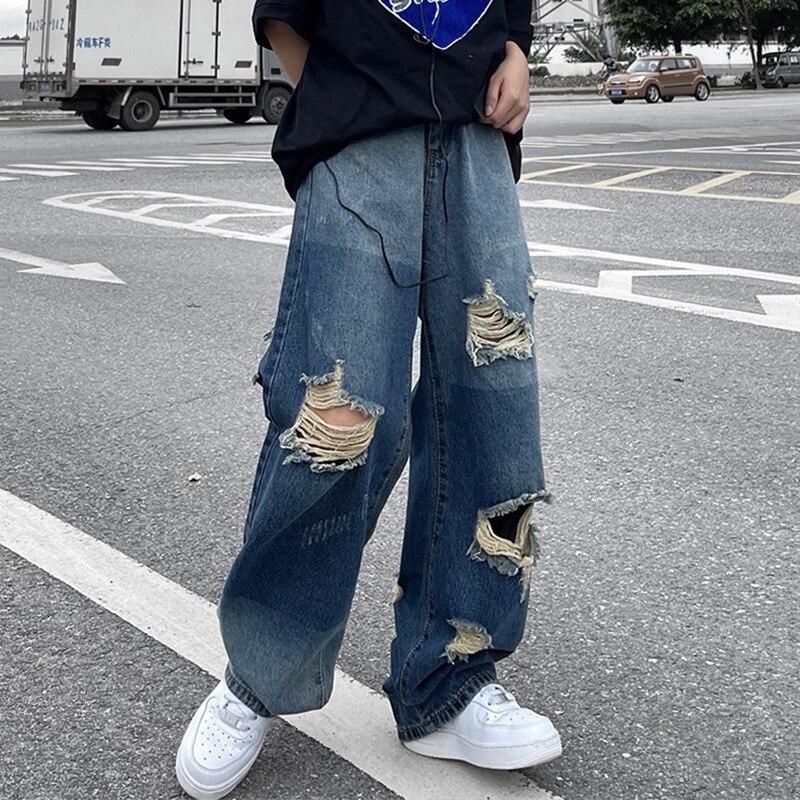 RR58LQ Koreaanse versie van Ins Hiphop High Street Hipsters Verontruste oude gescheurde rechte jeans Mannen Casual wilde losse wijde broek