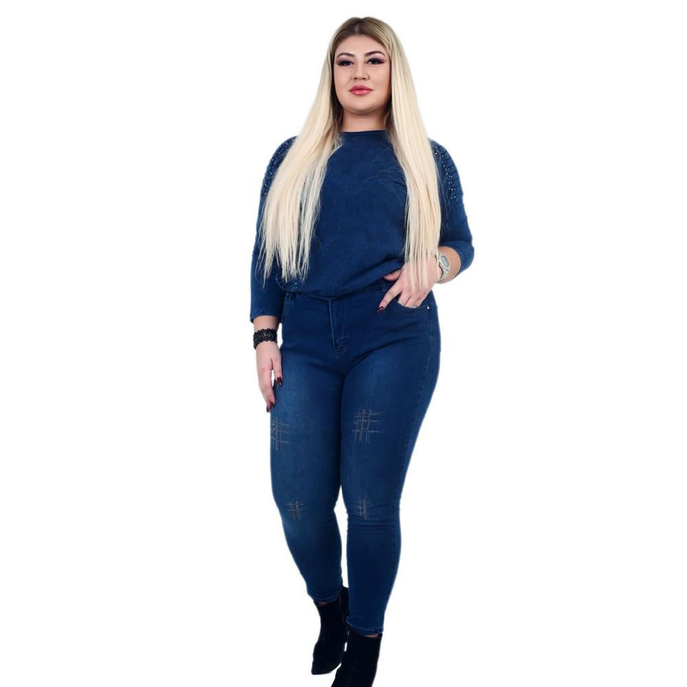 Fierte Dames Grote Maat Broek Rg1546 Jean Hoge Taille Smalle Pijpen Steen Geborduurd Sportzak Kim Blauw Zwart