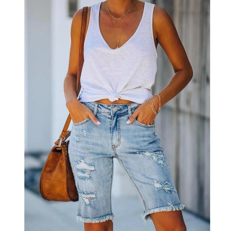 Chic Pouch Mid-rise gescheurde jeans voor dames, casual jeans met rits, kniehoge High Street Wear-denimshorts