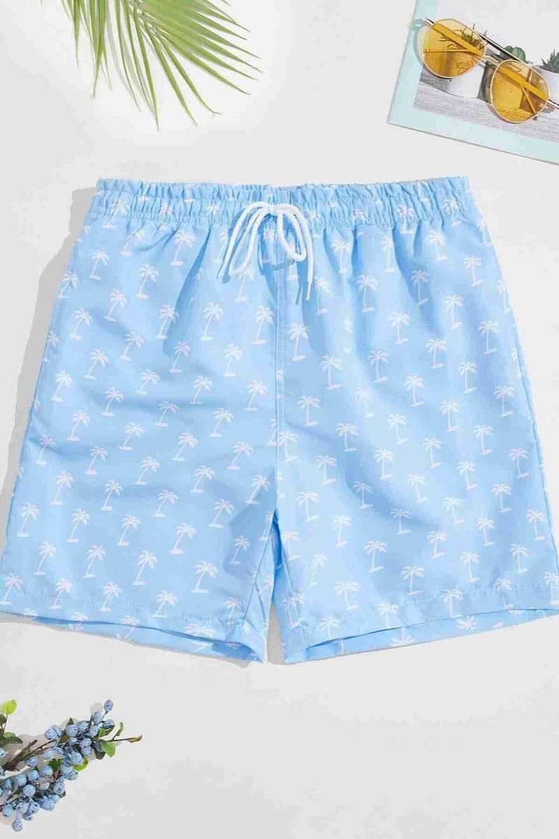 Angelsin Heren Basic Standaard Maat Stijlvol Palmboom Gedrukt Badpak met Pocket Zwemshort Blauw