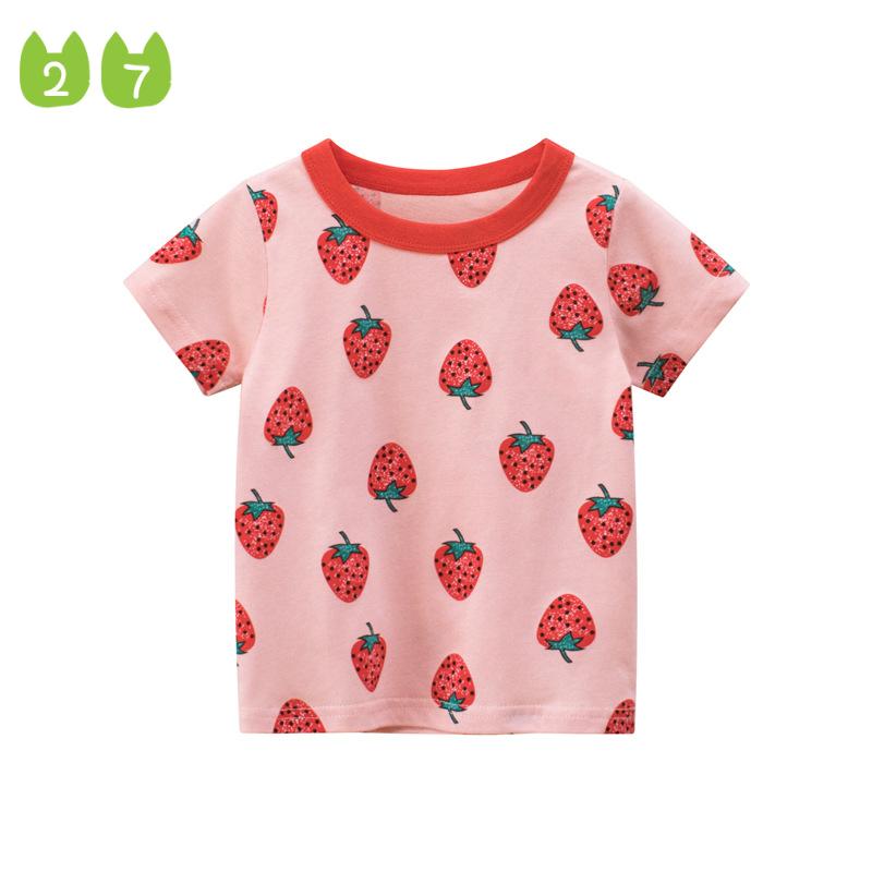 27kids Schattig zomerbaby-katoenen T-shirt met korte mouwen en aardbeien voor meisjes