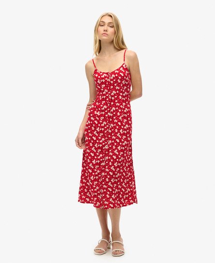 Superdry Vrouwen Cami Midi-jurk met Knoopsluiting en Print Rood