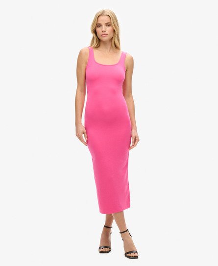 Superdry Vrouwen Jersey Midi-jurk met Vierkante Hals Roze