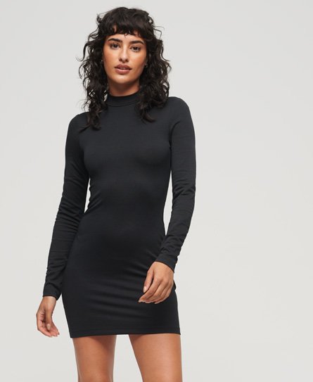 Superdry Vrouwen Jersey Mini-jurk met Hoge Hals Zwart