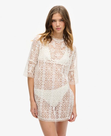 Superdry Vrouwen Beach Cover Up Mini-jurk met Kanten Details Crème