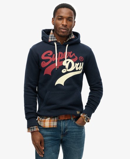 Superdry Mannen Classic College Hoodie met Tekstopdruk Blauw