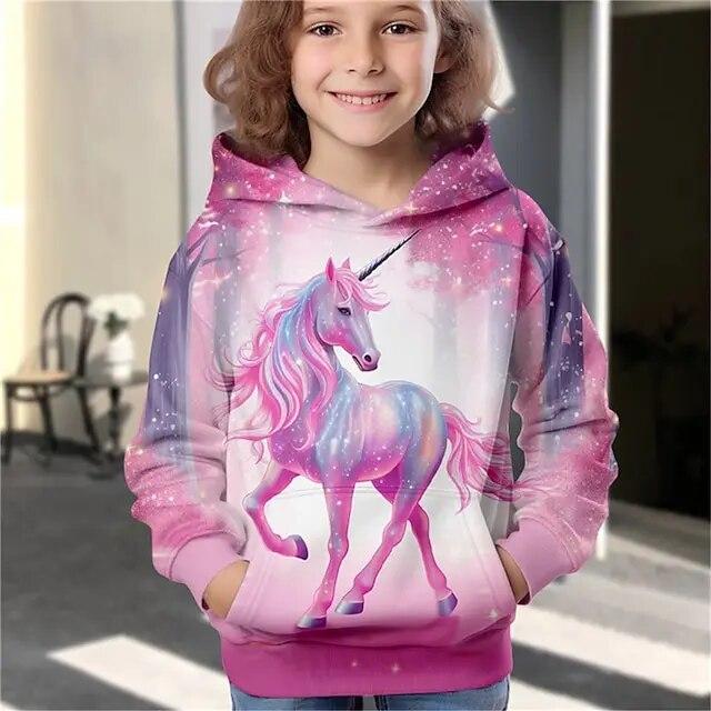 ETST WENDY 09 Meisjes 3D Eenhoorn Hoodie Pullover Lange mouw Herfst Winter Actief Modieus Schattig Polyester Kinderen Buiten Casual Dagelijks Normale pasvorm