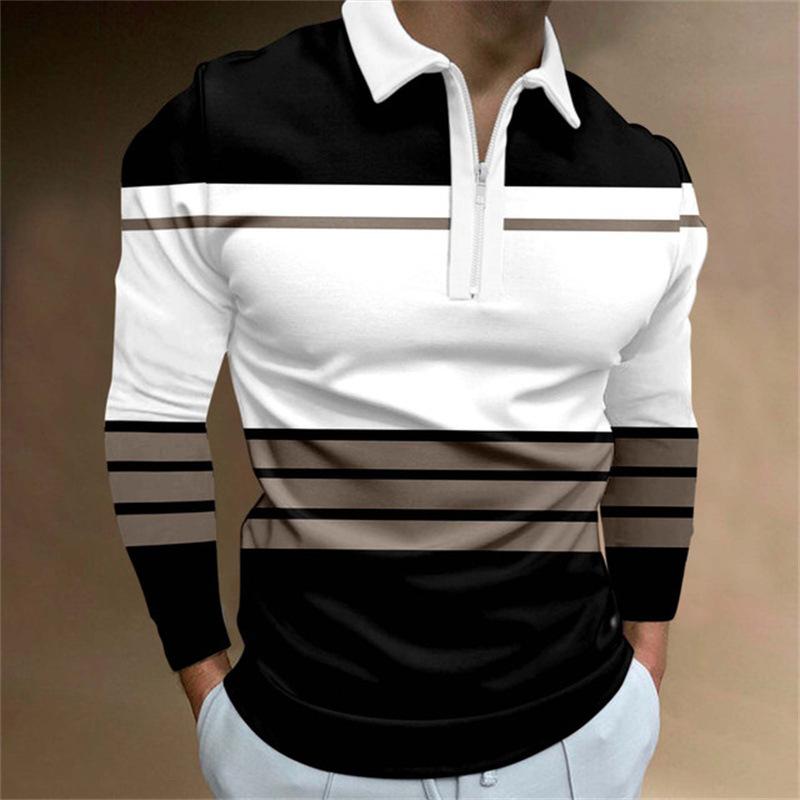 3D Custom Clothing Poloshirts Heren Lange Mouw Mode Witte Strepen Print Nieuw Heren Poloshirt Lange Mouw Rits T-shirt Top