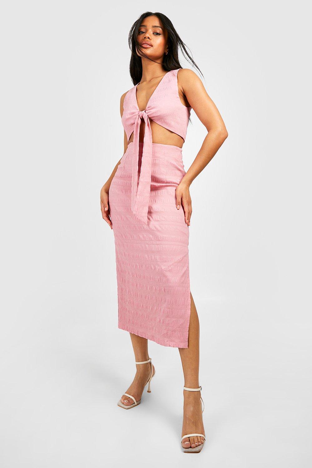 Boohoo Midaxi Rok Met Textuur, Candy Pink