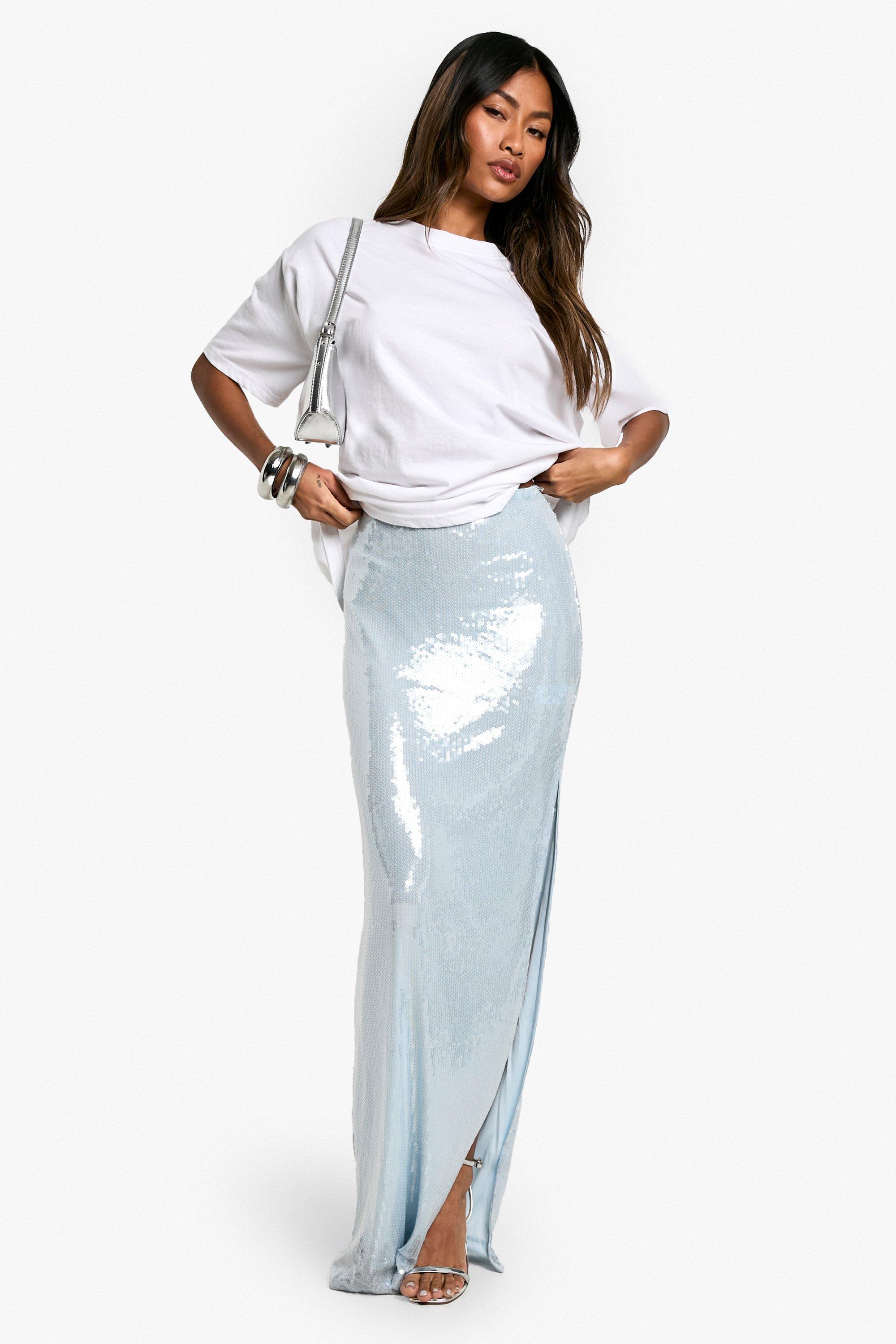 Boohoo Maxi Rok Met Pailletten En Zijsplit, Ice Blue