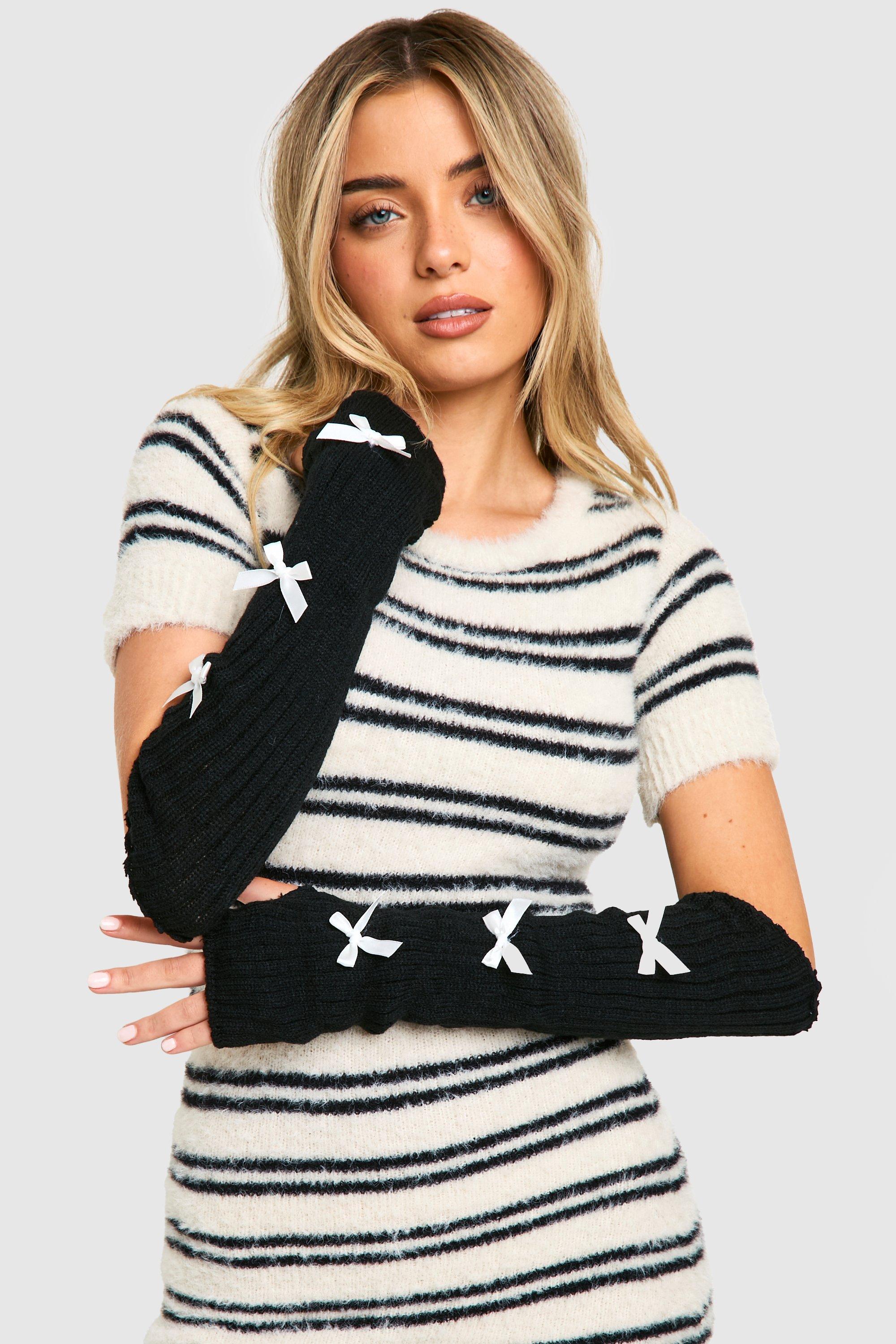 Boohoo Gebreide Arm Warmers Met Strik, Black