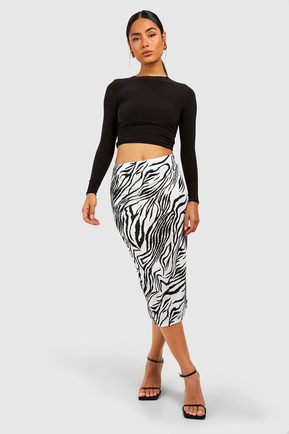 Boohoo Geribbelde Zebraprint Midi Rok Met Zijsplit, Black