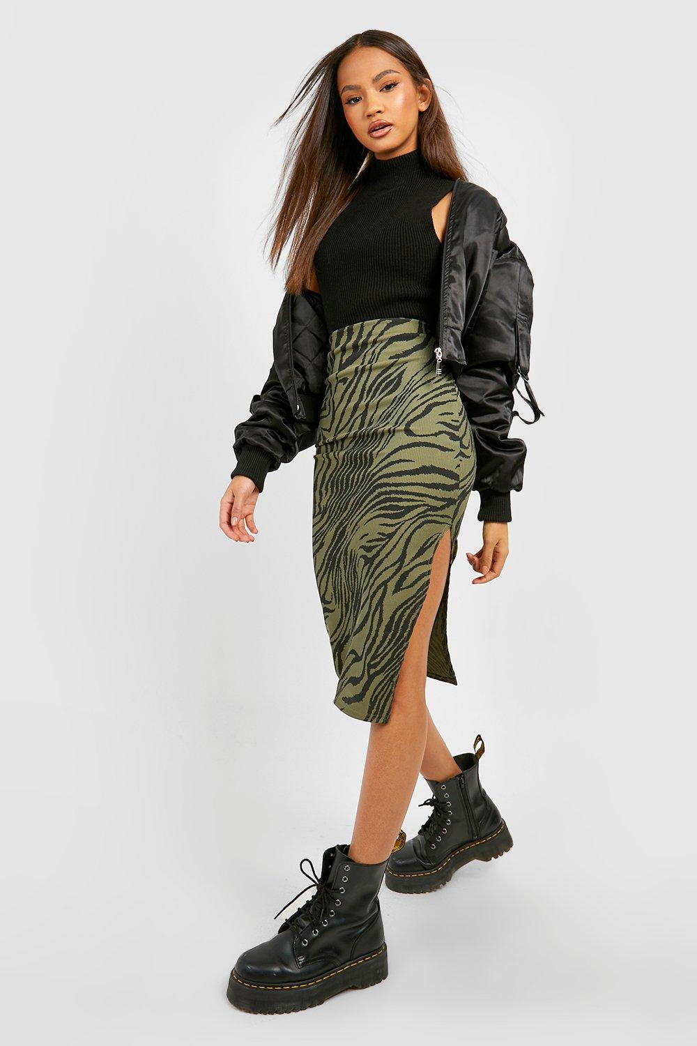 Boohoo Geribbelde Zebraprint Midi Rok Met Zijsplit, Khaki