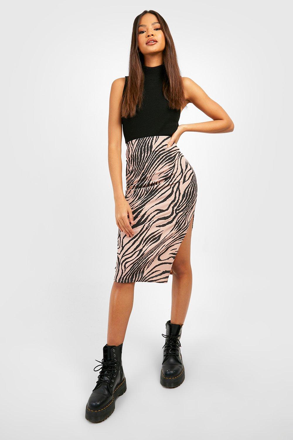 Boohoo Geribbelde Zebraprint Midi Rok Met Zijsplit, Stone