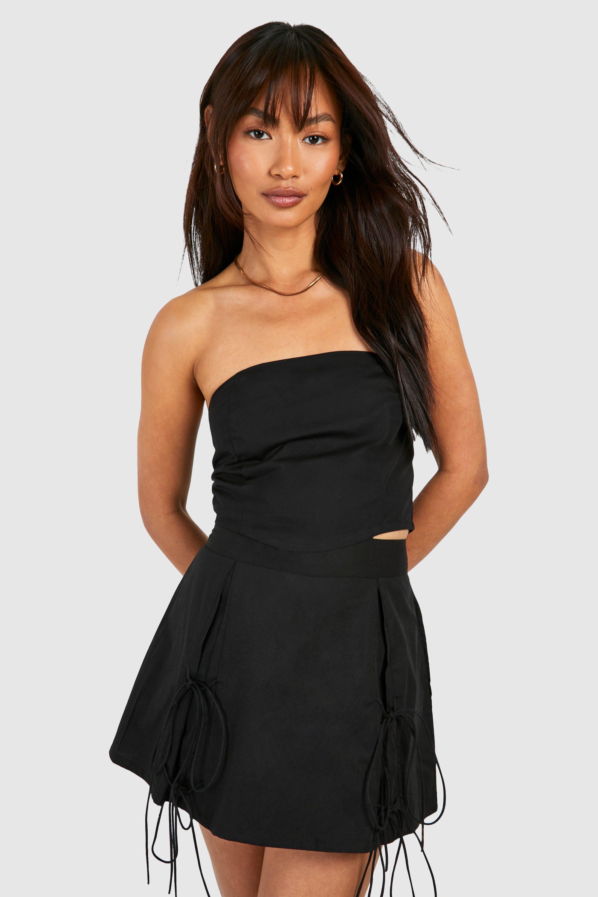 Boohoo Katoenen Poplin Mini Rokje Met Strik, Black