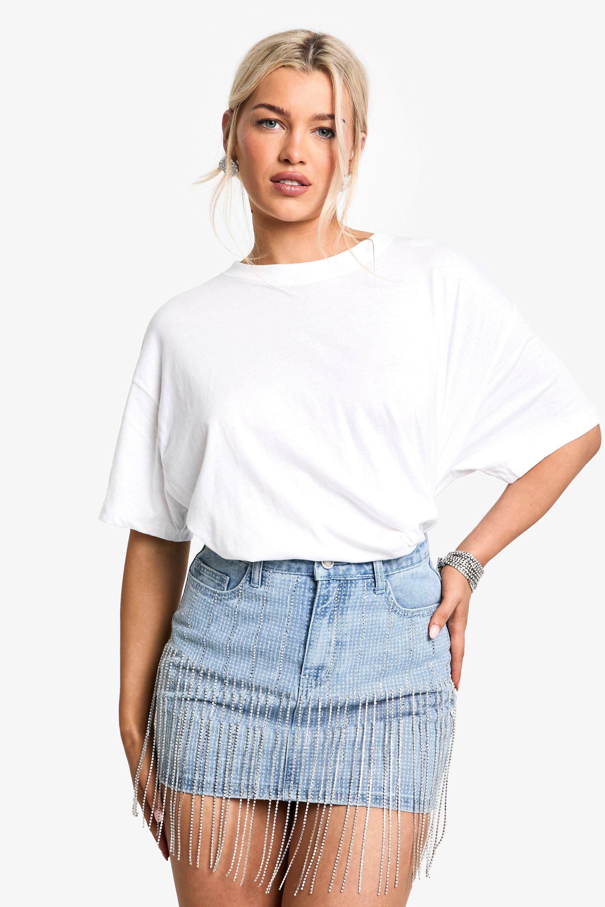 Boohoo Diamante Fringed Denim Skirt, Light Wash