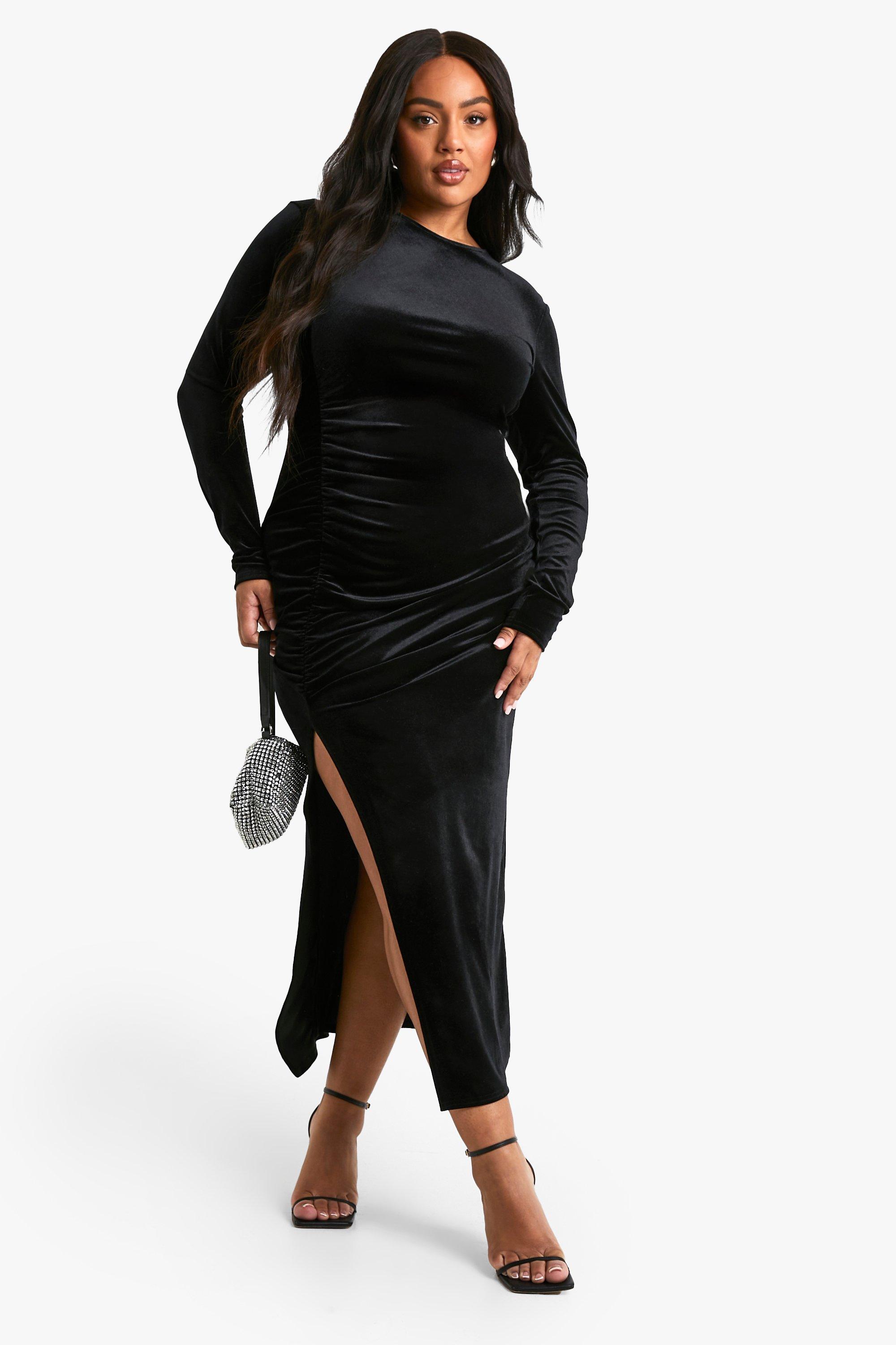 Boohoo Plus Velvet Ruched Midi Dress, Black