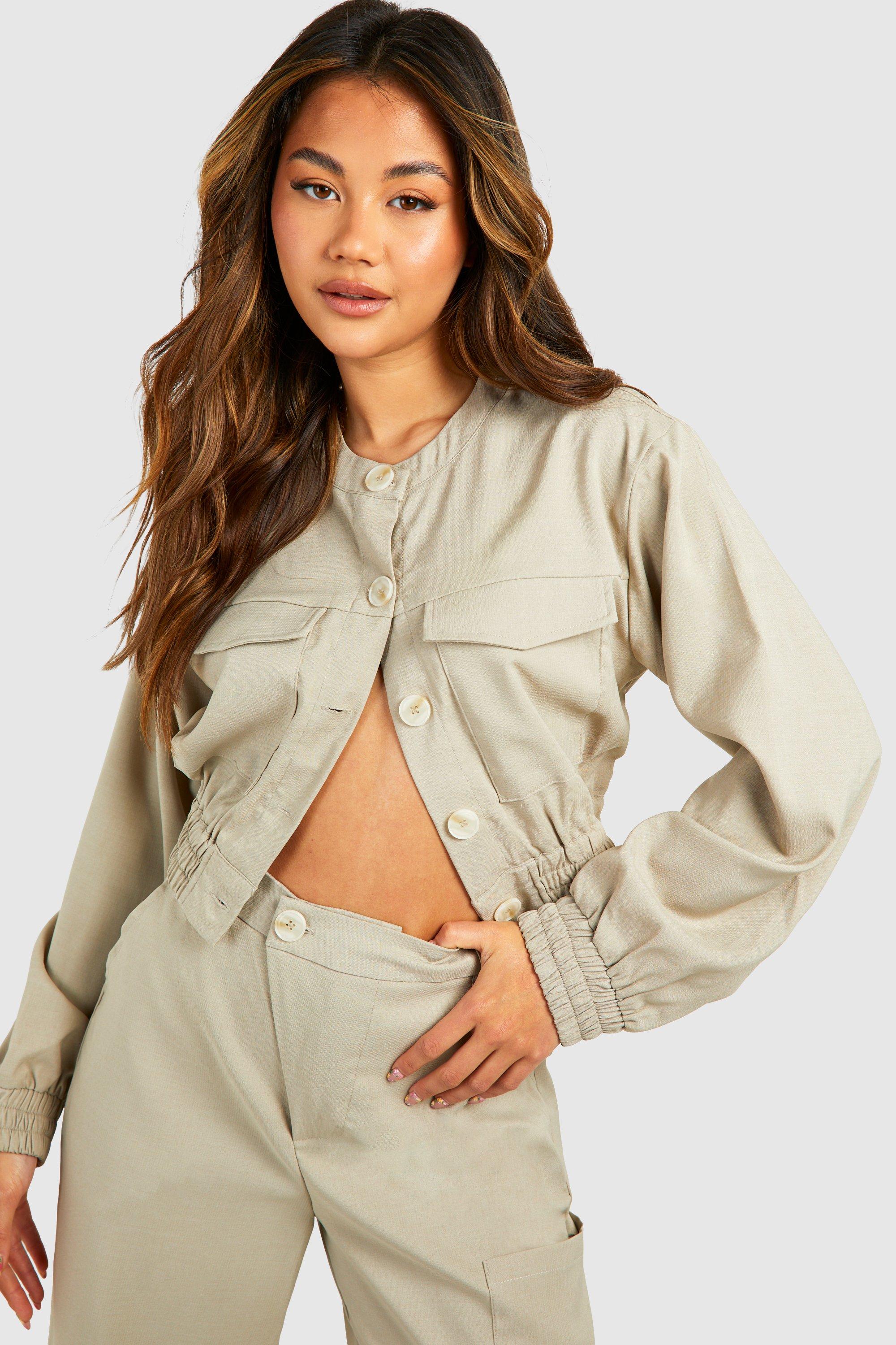 Boohoo Linnen Look Bomberjack Met Zak Detail, Taupe