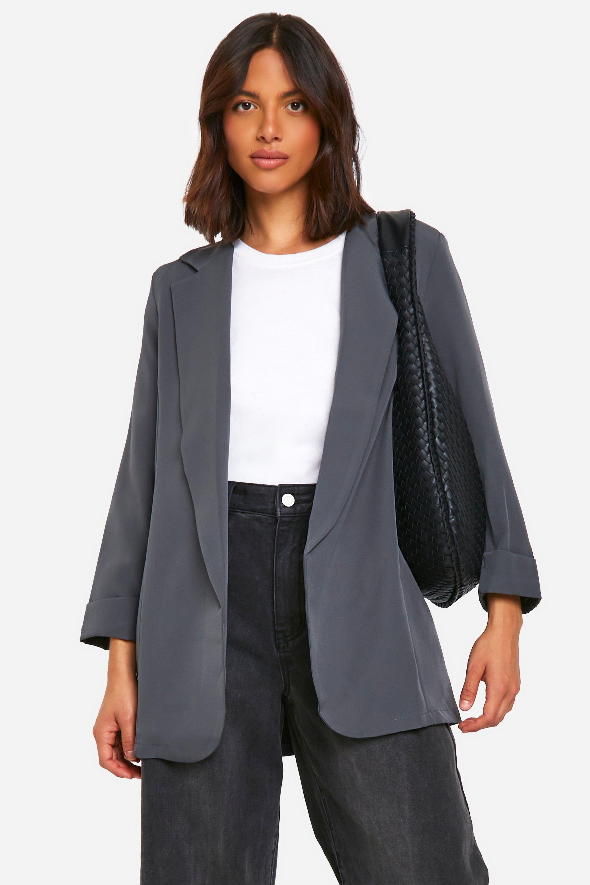 Boohoo Basic Geweven Baggy Blazer Met Omgeslagen Mouwen, Charcoal