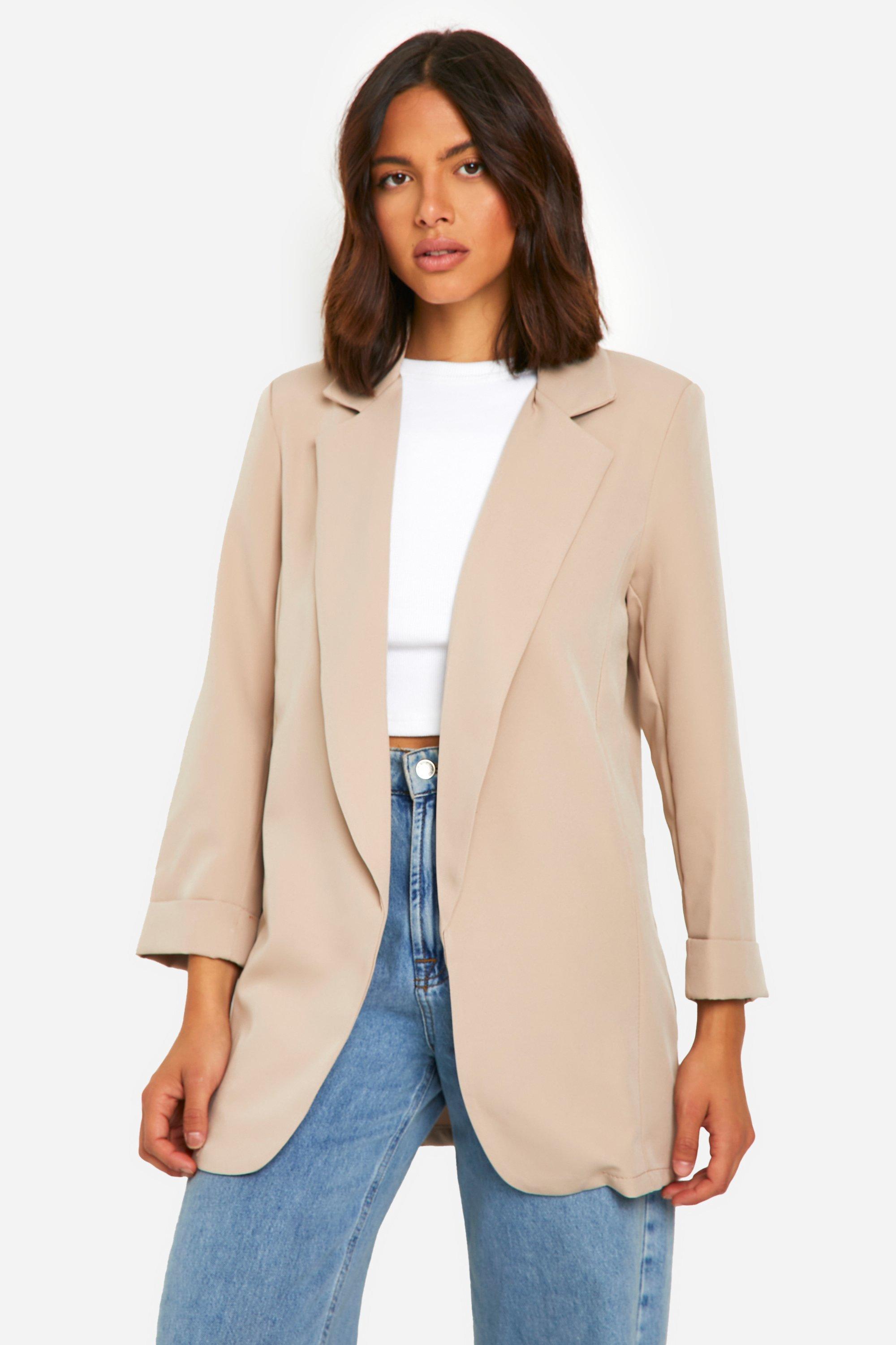 Boohoo Basic Geweven Baggy Blazer Met Omgeslagen Mouwen, Taupe