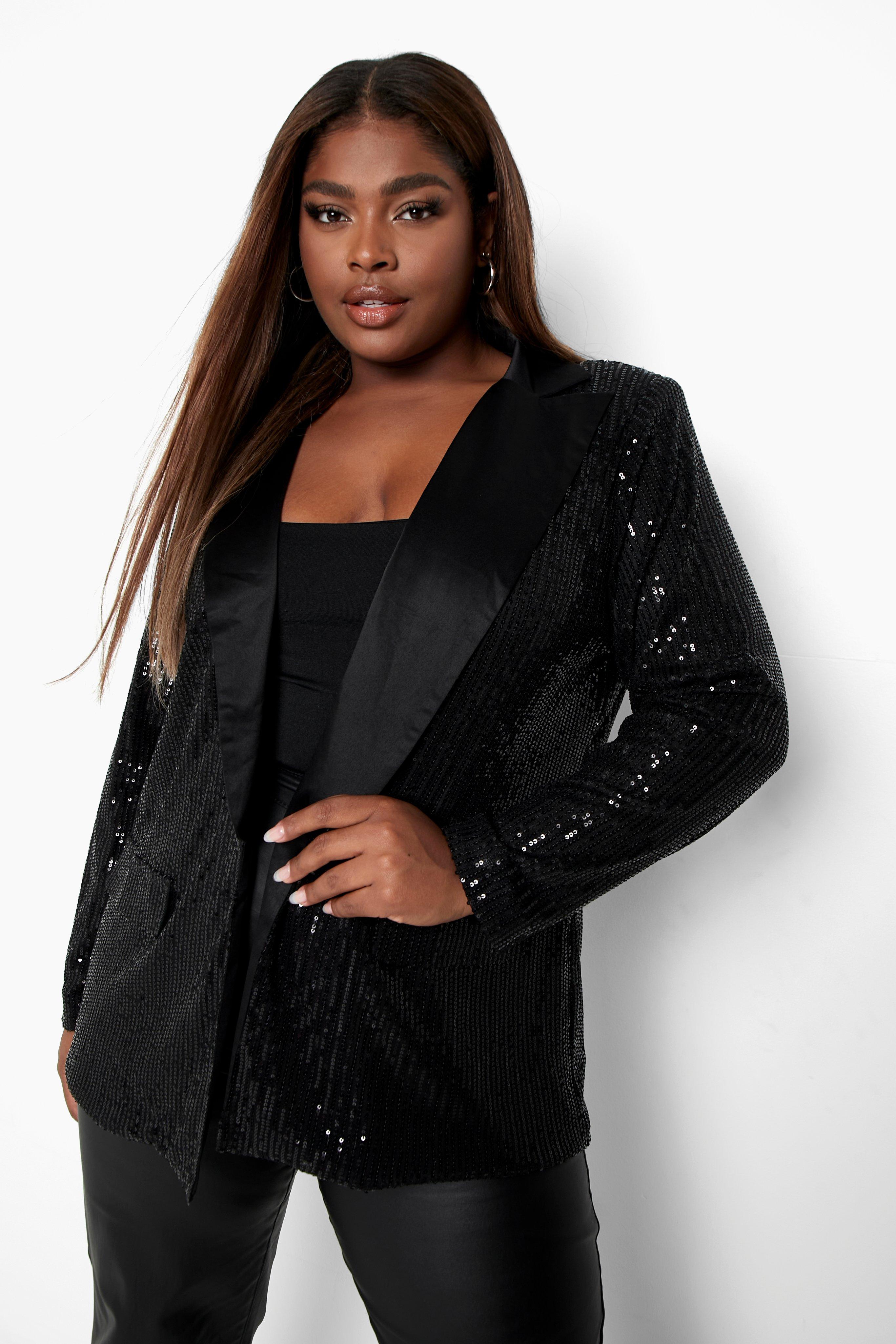 Boohoo Plus Blazer Met Contrasterende Reverskraag En Pailletten, Black