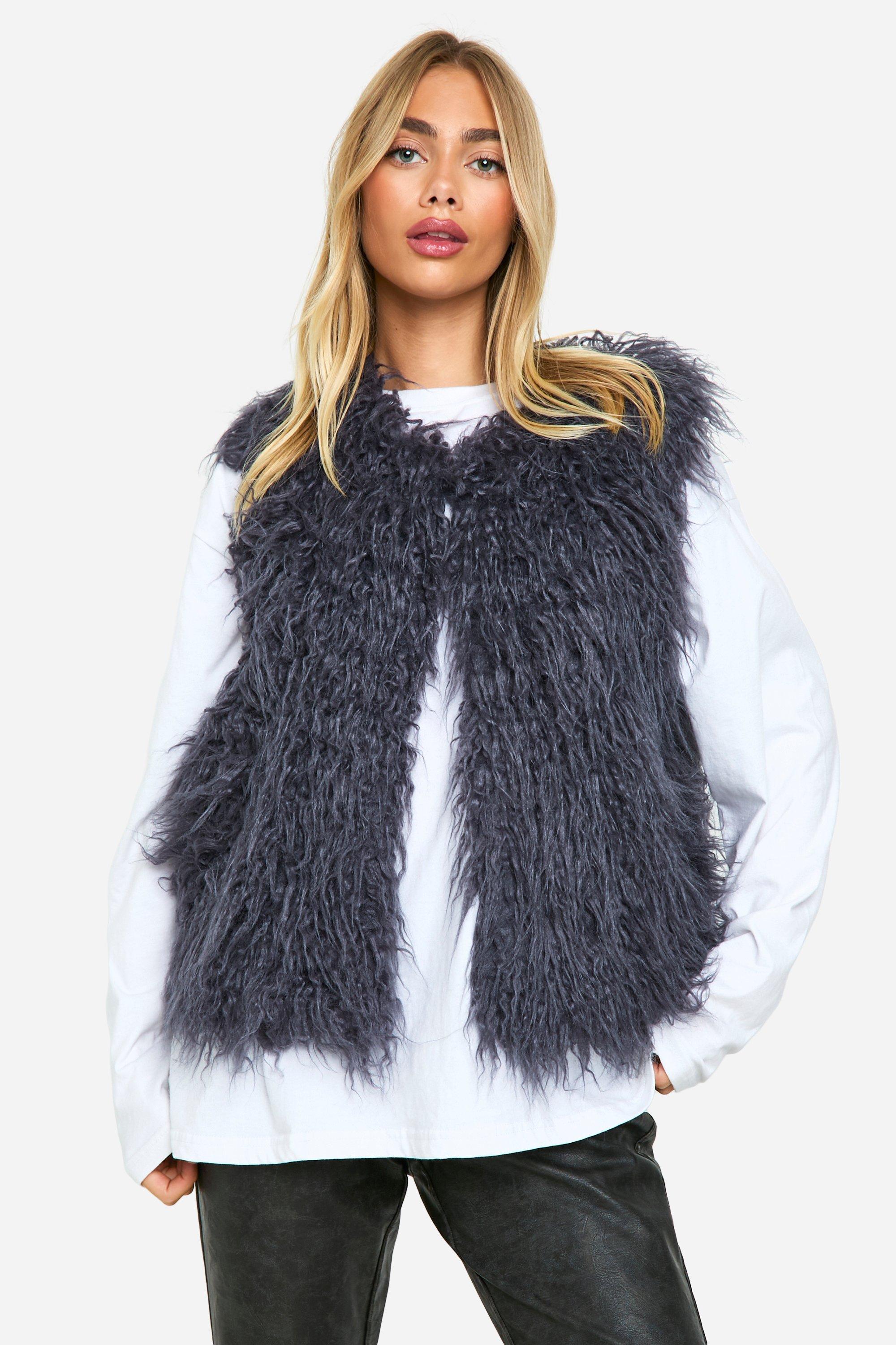 Boohoo Faux Mongolian Fur Bodywarmer, Grey