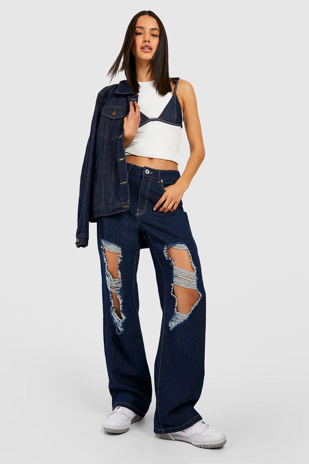 Boohoo Basic Versleten Gescheurde Low Rise Boyfriend Jeans, Indigo