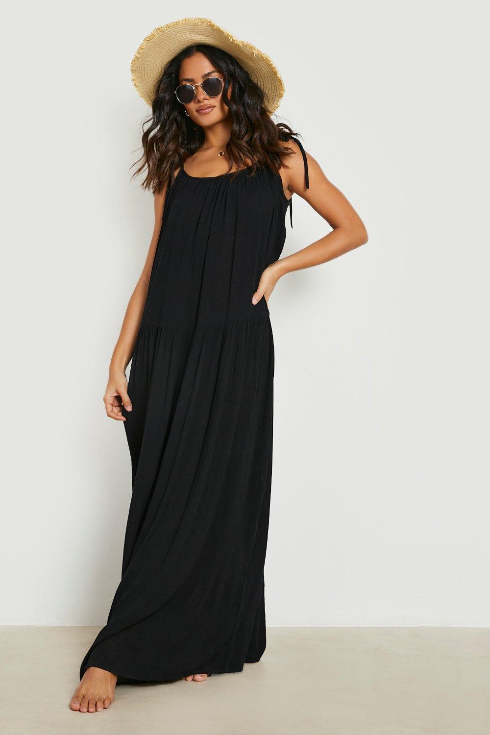 Boohoo Duurzame Gekreukelde Maxi Strand Jurk Met Bandjes, Black