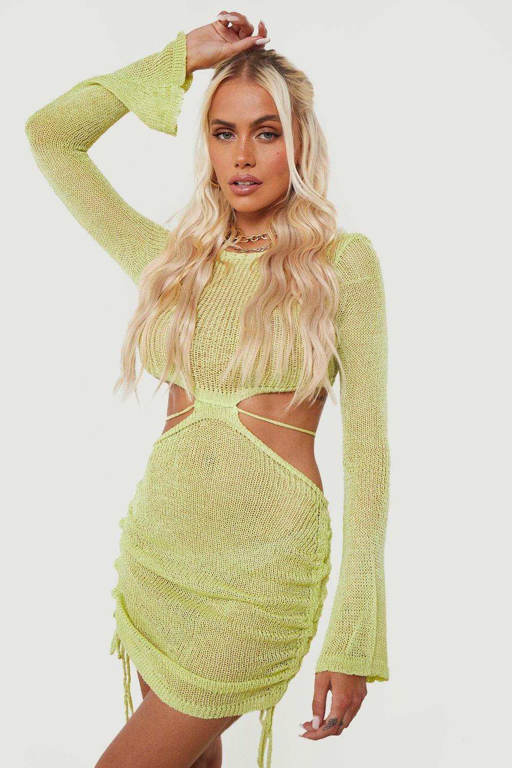 Boohoo Geplooide Gebreide Cut Out Strand Jurk, Lime