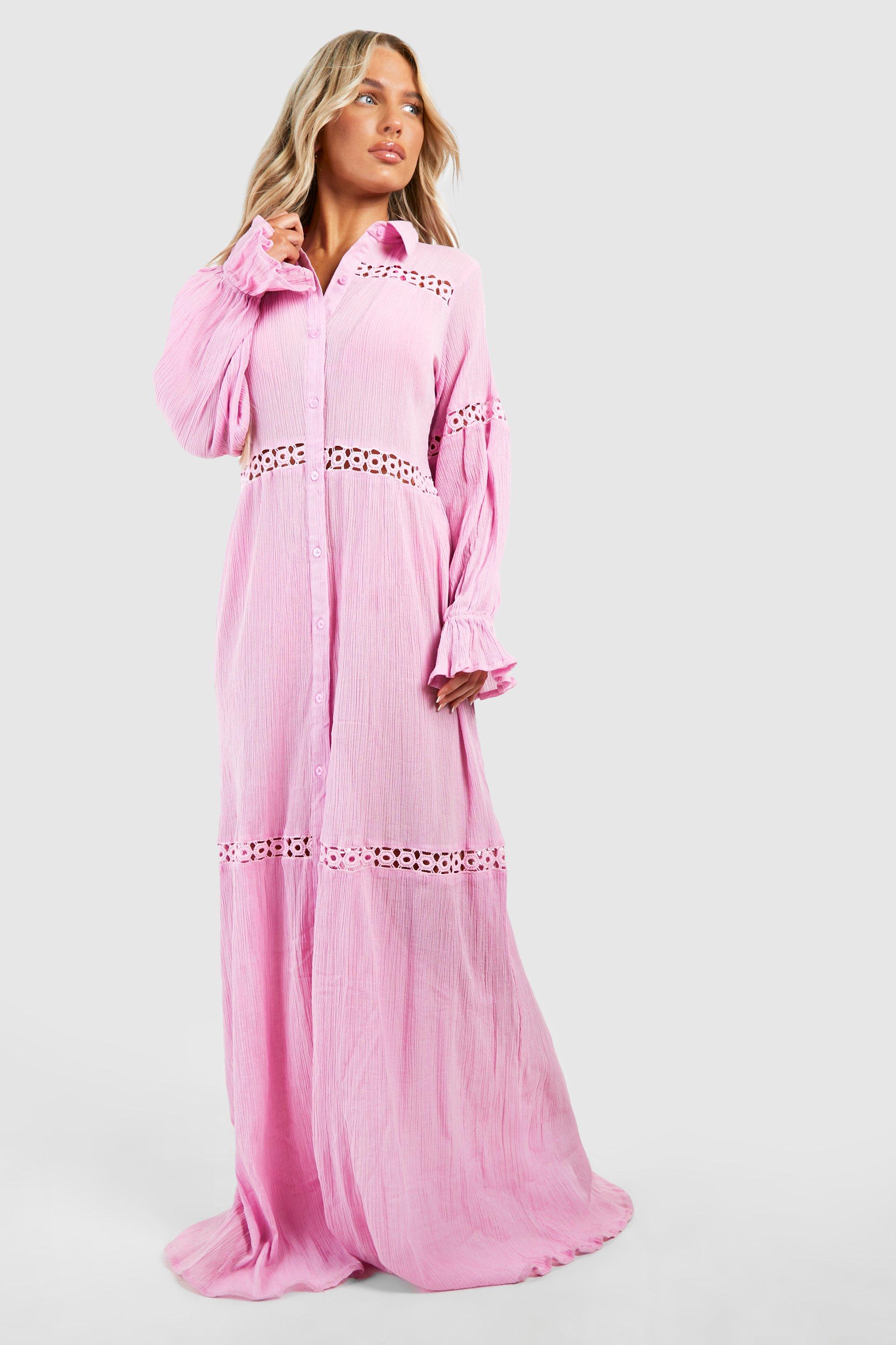 Boohoo Kanten Kaasdoek Maxi Strand Jurk Met Kwastjes, Pink