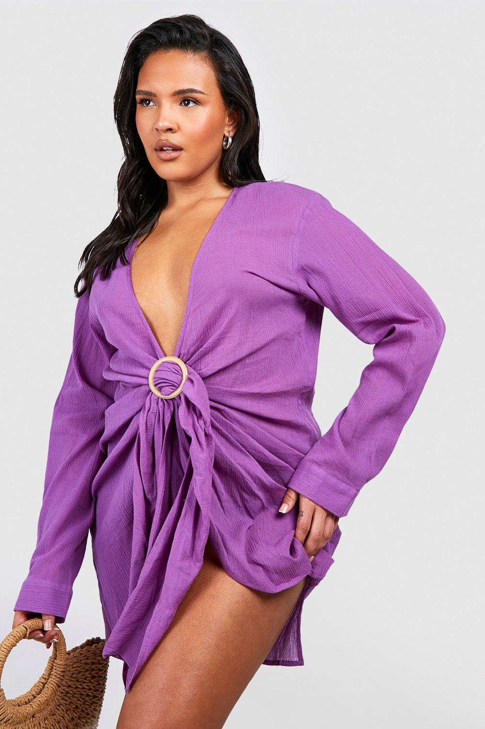 Boohoo Plus Kaasdoek Strand Jurk Met Ring Detail, Purple