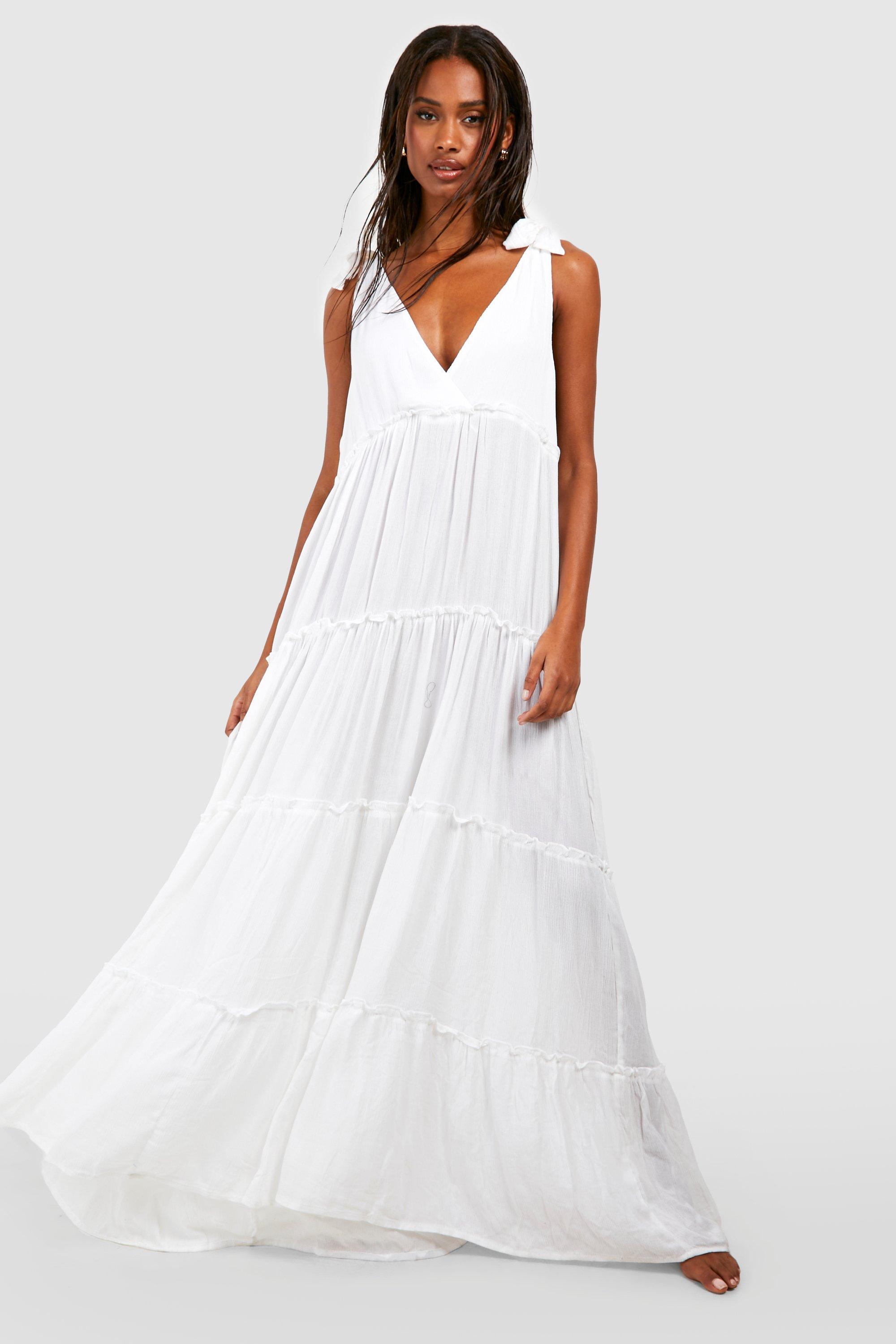 Boohoo Kaasdoek Maxi Strand Jurk Met Schouderstrikjes, White