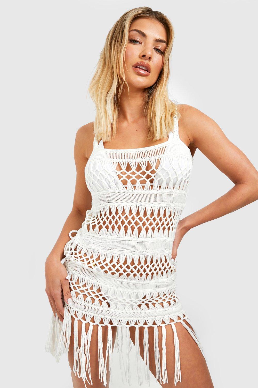 Boohoo Gehaakte Gerafelde Strand Jurk Met Bandjes, Cream